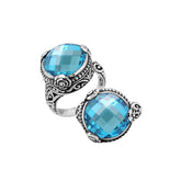 Sterling Silver Blue Topaz Quartz Round Shape Floral Balinese Statement Ring